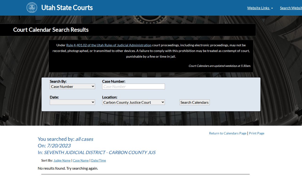 Daggett County court calendar search controls