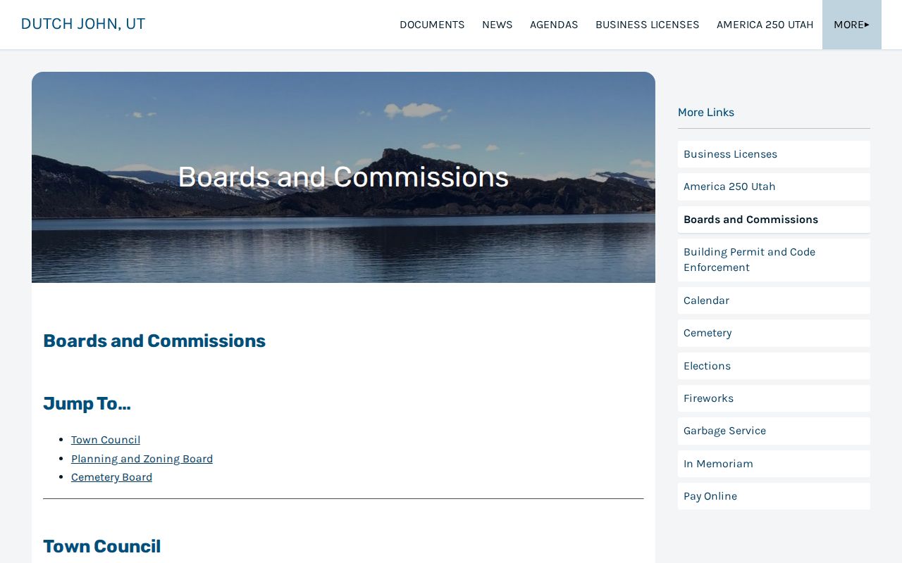 Dutch John boards and commissions page showing town meeting information
